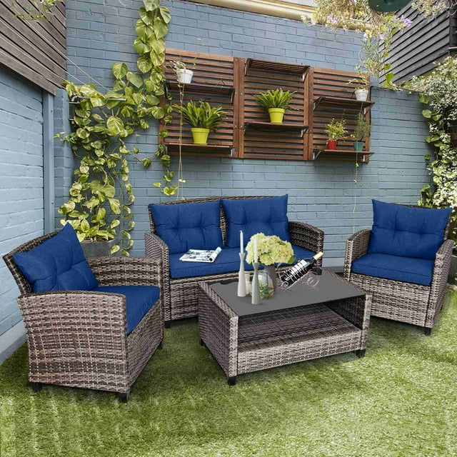 Costway Ensemble de Mobilier de Terrasse en Rotin 4 Pcs Table Basse Canapé Coussiné Jardin Pelouse Bleu Marine