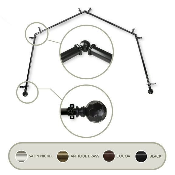 3/4" Dia Adjustable 4 Sided Bay Window Curtain Rod 28 to 48" (each side) in Black with Ludmila Finials,(4Bay-90-2)