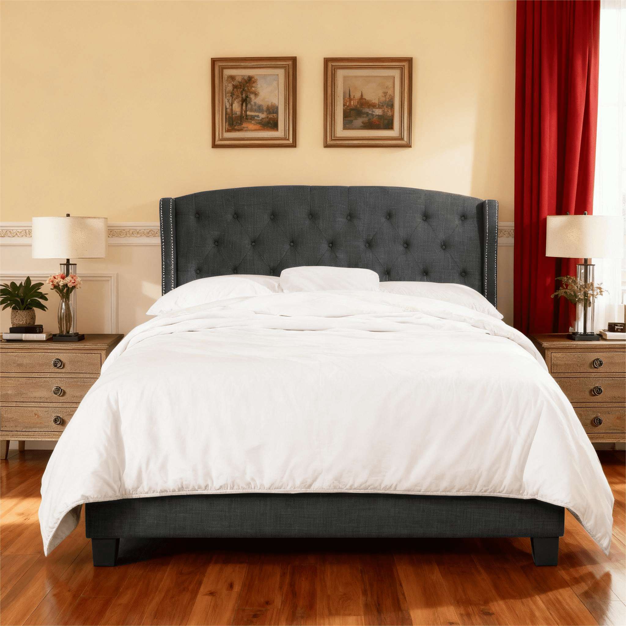 Gewnee Full Size Upholstered Platform Bed Frame with Adjustable Wingback Headboard,Button Tufted and Nailhead Trim,Box Spring Required.Dark Grey