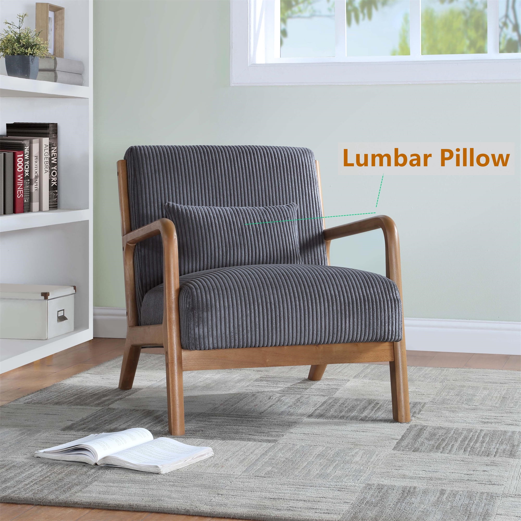 Aukfa Corduroy Mid Century Modern Accent Chair w/ Wood Frame&Pillow for Living Room, Gray