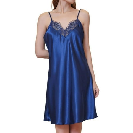 

Homgro Women s Silk Nightgown Summer Lace Short Pajama Dresses Satin Sleep Dress V Neck Spaghetti Strap Chemises Backless Sleepwear Sleeveless Nightie Sexy Lingerie Blue XX-Large