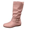 thumbnail image 7 of HEWUQI Short Cowboy Boots for Women Slouchy Mid Calf Round Toe Side Zipper Flats Adjustable Buckle Decor Comfortable Winter Fall Shoes Pink Size 9.5, 7 of 7