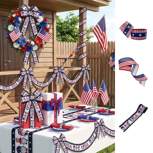 Yrmaups 3Pcs Independence Day Ribbons for DIY, Handmade Decorative Ribbons, Reusable Cloth Ribbon for Bow-Making, Party Decor, Gift Wrapping, Crafts