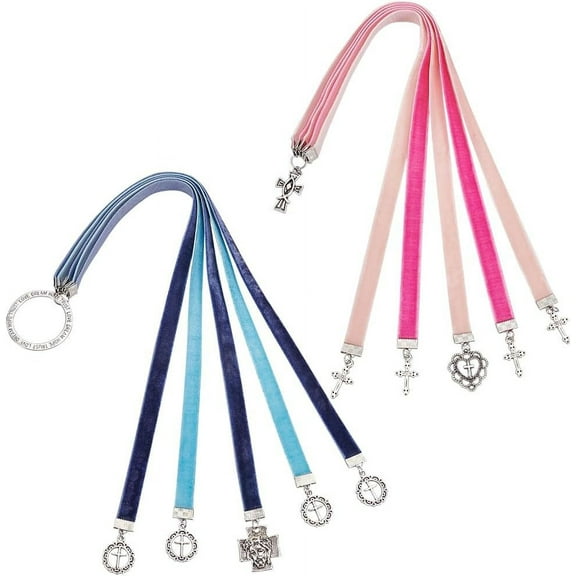 2 Pcs Bible Ribbon Bookmark 2 Styles 14.2 Inch Velvet Ribbons Bookmark with 5 Ribbons Multi Page Ribbon Marker with Cross Charm for Bible Books(Jesus & Cross Heart Blue & Pink) DIY