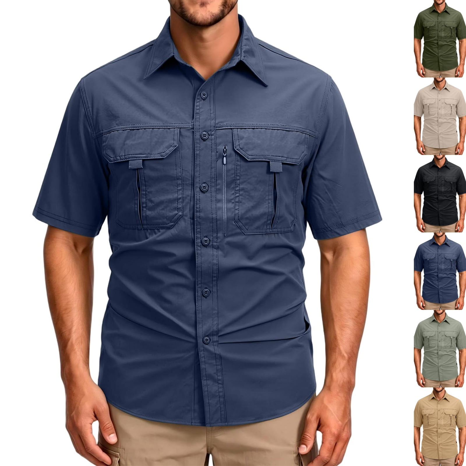Men s Safari Hiking Fishing Shirt Sun Protection Short Sleeve Button Shirt Lightweight Cooling Quick Dry Outdoor Blue M