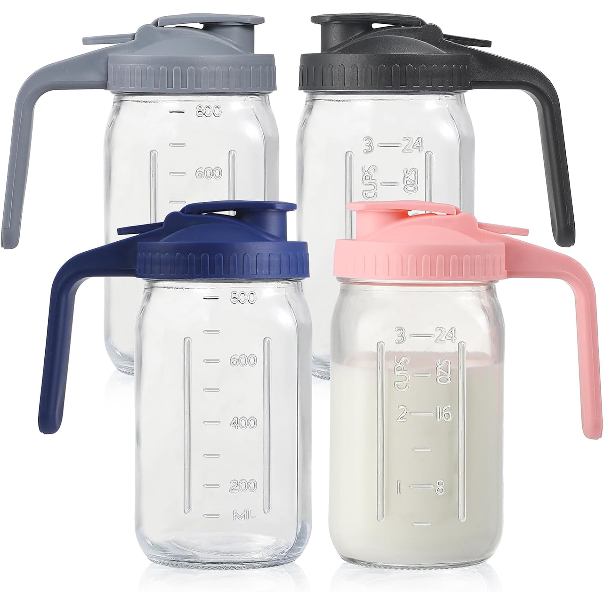 4Pack 32oz Glass Pitcher with Lid, Wide Mouth Storage Container，1 Quart. | Double Leakproof Glass Mason Jar Pitcher with Pour Spout Lid, for Breastmilk, Sun Tea, Juice, Cold Brew Coffee, Water