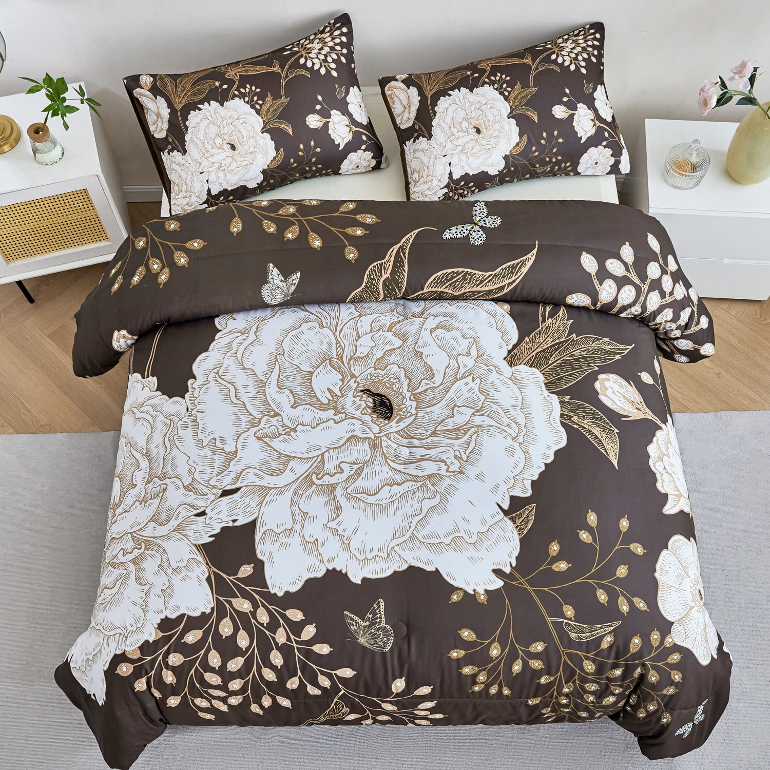 URBONUR 3 Pcs Floral Comforter Set Queen Size, Brown Gold Botanical Bedding Set, White Flower Butterfly Leaves Printed Bed Sets with 2 Pillowcases for Women Men