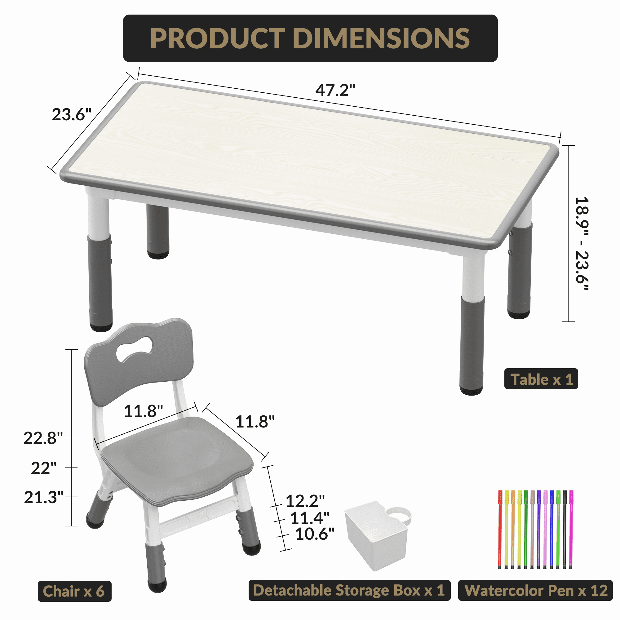 Kids Table and 6 Chair Set with Storage Box, Height Adjustable Toddler Table and Chairs Set for Ages 2-10, Graffiti Desktop, Non-Slip Legs, Children Activity Table for Daycare Classroom Home