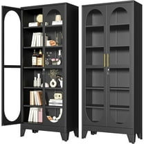 75" H Locking Display Cabinet with Glass Door, Metal Curio Cabinets with 5 Adjustable Shelves, Cabinet Display Case for Living Room, Liquor, Clinic, Home - Assembly Required Black