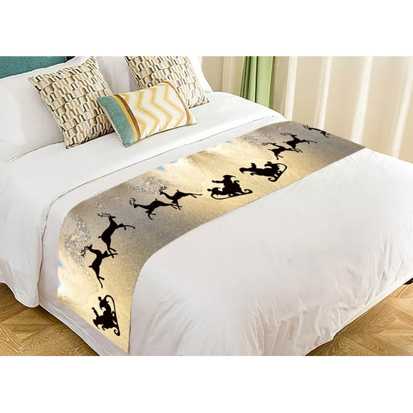YUSDECOR Christmas Reindeer Black Santa Claus Silhouette on a Golden Frozen Window Bed Runner Bedding Scarf Size 20x95 inches