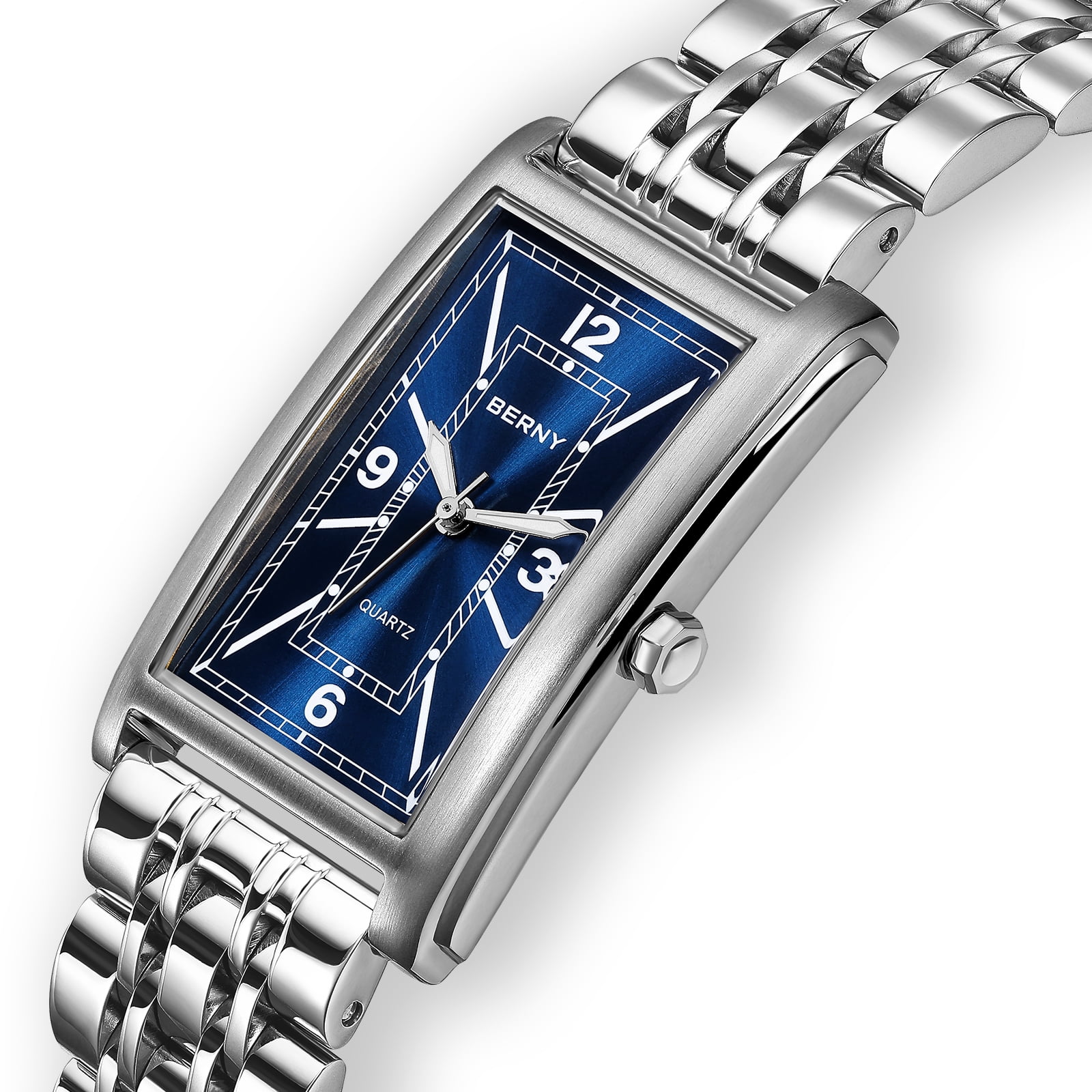 BERNY Rectangular Silver Watch for Men, Fashion Waterproof Analog Quartz Wristwatch, Stainless Steel, Luminous, Arabic Numeral, Business Dress Men's Watches (Blue)