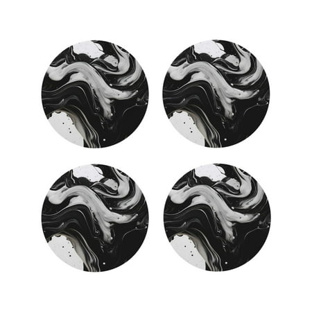 

KLL Drink Coasters Set Round Shape of 4 PU Leather Absorbent Coasters Set Decorative Coffee Cup Coasters Housewarming Gift for Home Decor-Fluid Black White Paint Swirls