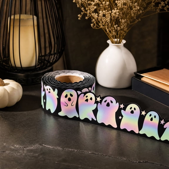 Halloween Bulletin Board Decorations - 16.4 Ft Holographic Iridescent Ghost Stickers, Straight Rolled Boo Border Trim For Bulletin Board Office Home Wall Door Decoration by XSAOP