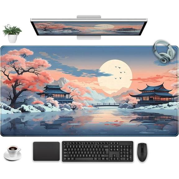 Kawaii Desk Mat Japan Desk Pad Extra Large Gaming Mouse Pad XXL, Computer Laptop Keyboard Pad Gamer Desk Setup, Pink and Blue Mouse Mats with Stitched Edges, Vintage Office Decor 31.5" x 15.7"