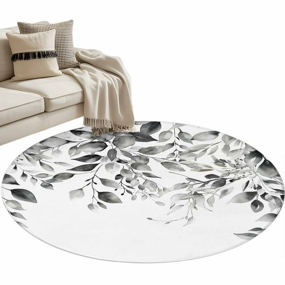 Grey Eucalyptus Leaves Round Area Rug 3 FT, Small Kitchen Bathroom Mat, Watercolor Weeping Botanical Washable Indoor Outdoor Throw Runner Carpet Non-Shedding Doormat for Table Shower Sofa Entryway