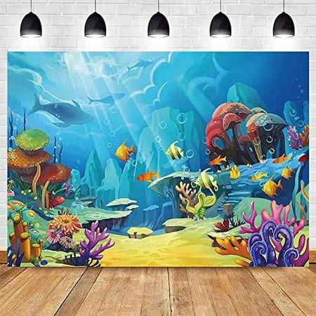 Image of 7X5FT Underwater World Theme Party Photography Background Blue Ocean Aquarium Colored Coral Reef Fish Baby Bath Decorations Banner Photo Backdrop Prop