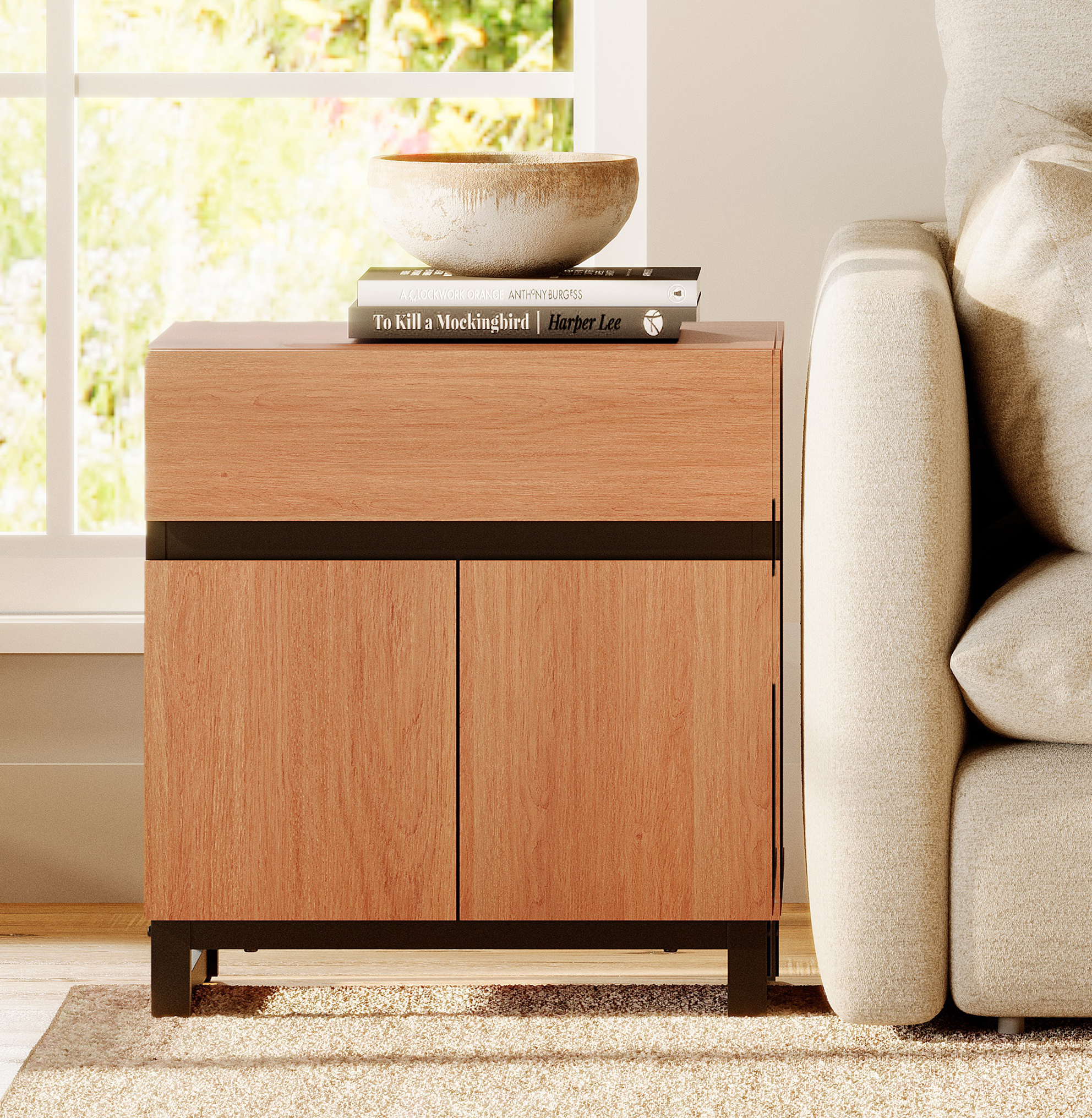 WAMPAT Modern Farmhouse End Table，1 Drawer & 1 Storage Cabinet with 2 Open Doors，Wood Rustic Sofa & Side Table for Living Room & Bedroom Nightstand