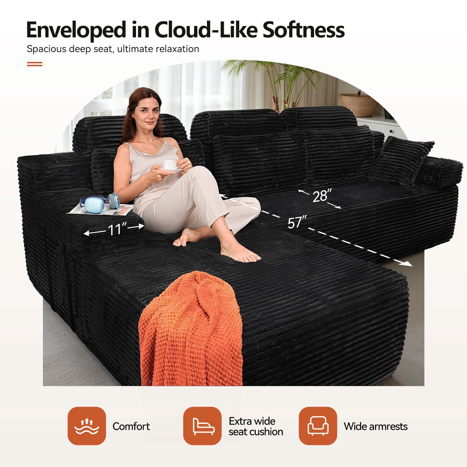 106" High Backrest Sectional Sofa&Couch, L-Shape Sectional Sofa Convertible Left or Right Chaise, Cloud Corduroy, Boneless Couches Comfortable for Living Room, Black