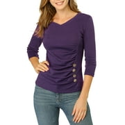 Allegra K Women's Button Decor V Neck 3/4 Sleeve Solid Knitted Ruched Blouse XS Purple