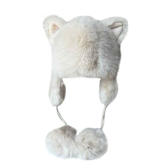 Xfvqtps Womens Fuzzy Beanie with Earmuff Cute Ears Plush Pompom Strap Fluffy Thickened Windproof Coldproof Outdoor Warm Winter Hat Beige