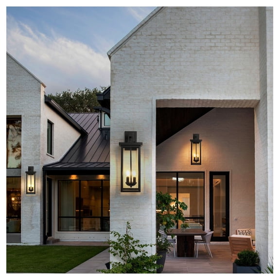 Outdoor Wall Lantern 22", Dusk to Dawn, Matte Black - 2 Light Exterior Porch Light, Weatherproof Garage Lighting, Clear Glass Panels