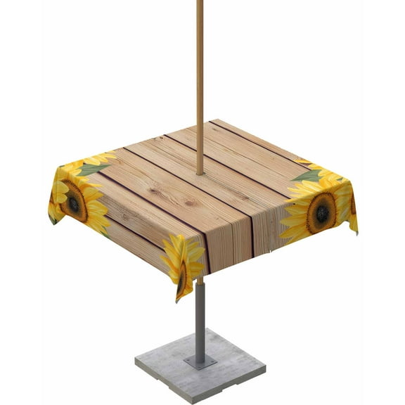 Outdoor Tablecloth with Umbrella Hole for Patio/Picnic/Party/Camping, Sunflower Farmhouse Waterproof Table Cloth Square Cover Washable, Spring Summer Retro Floral Wooden 54"x 54"