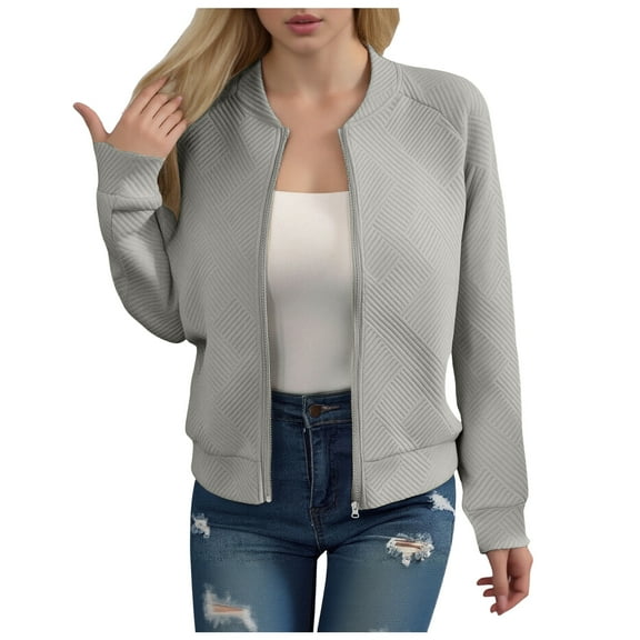 GEWSEY Womens Bomber Jacket Coat Casual Stand Collar Zip Up Lightweight Fall Fashion Jackets Outfits with Pockets (Grey, L)