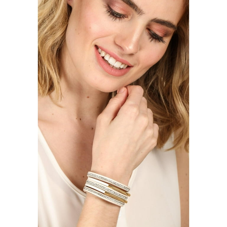 White Leather Bracelet with Rhinestones and Magnetic Clasp