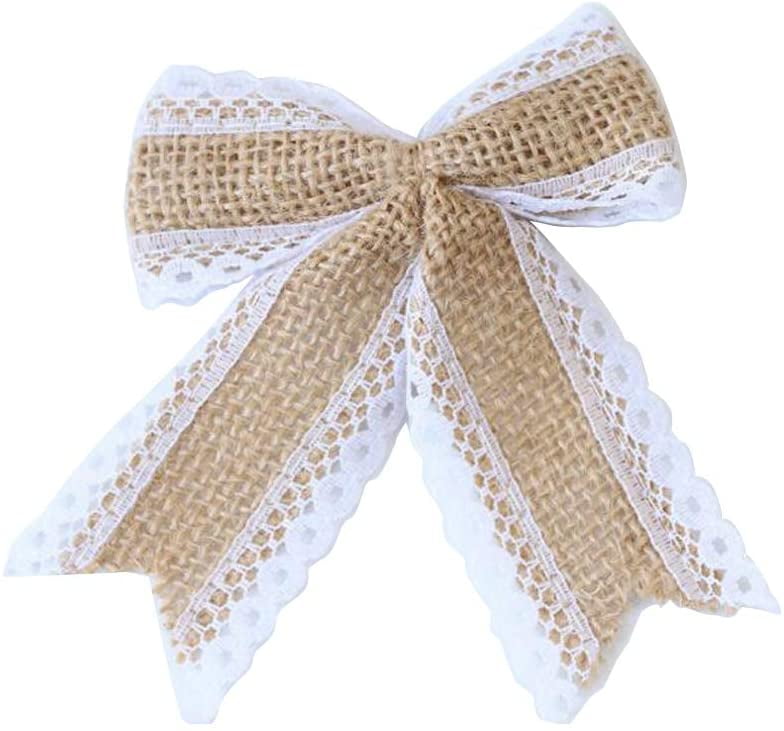 Bowknot Hessian Handmade Jute Bows Burlap Lace Ribbon Wedding Rustic Decor Craft 
