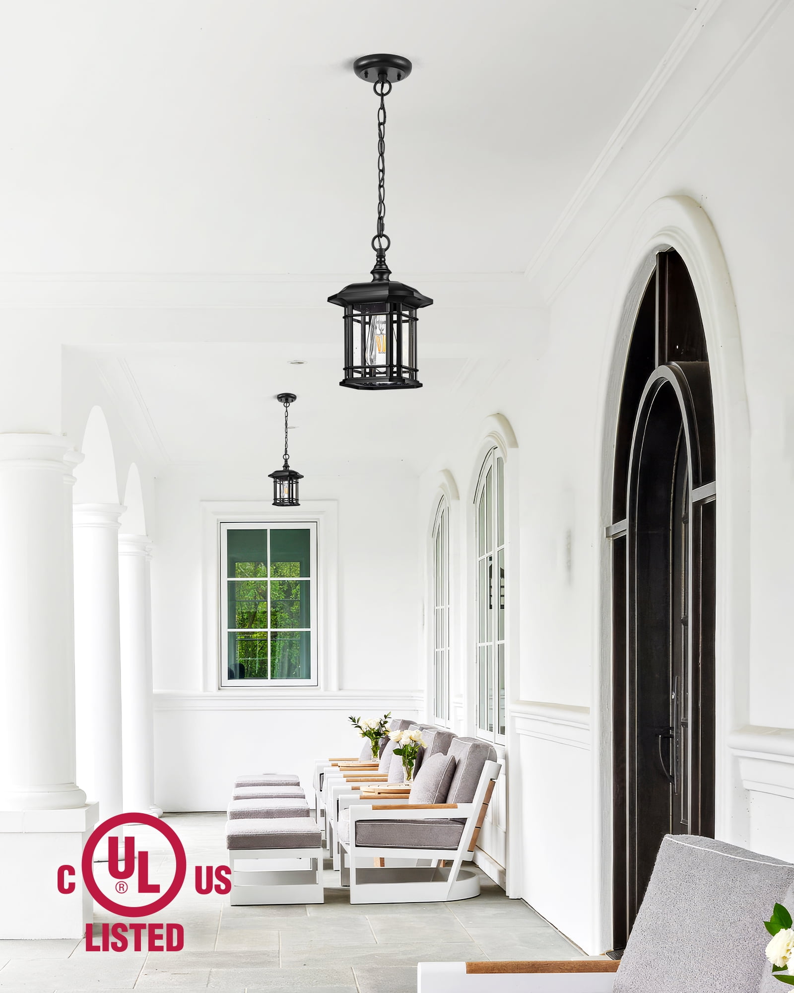 VIANIS Outdoor Pendant Light, White Hanging Outdoor Lights Fixtures, 1-Light Adjustable Outdoor Chandelier, Modern Outdoor Lantern for Porch, Entryway, Patio, Door with Tempered Seed Glass