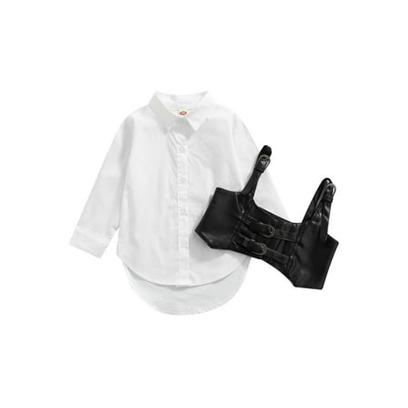 

Jkerther Women Shirt Vest Set+Long Puff Sleeve High Collar Tops Leather Vest