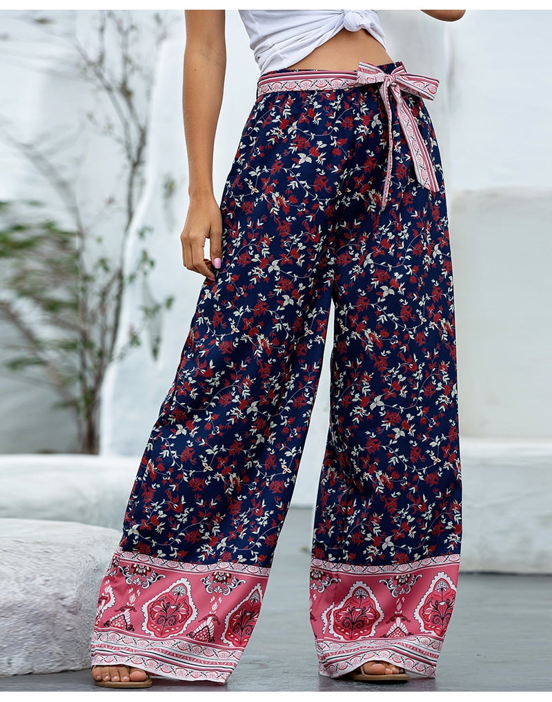 X-Image Women's Comfy Casual Lounge Pants Floral Print Drawstring Jogger Wide Leg Athletic Pants 