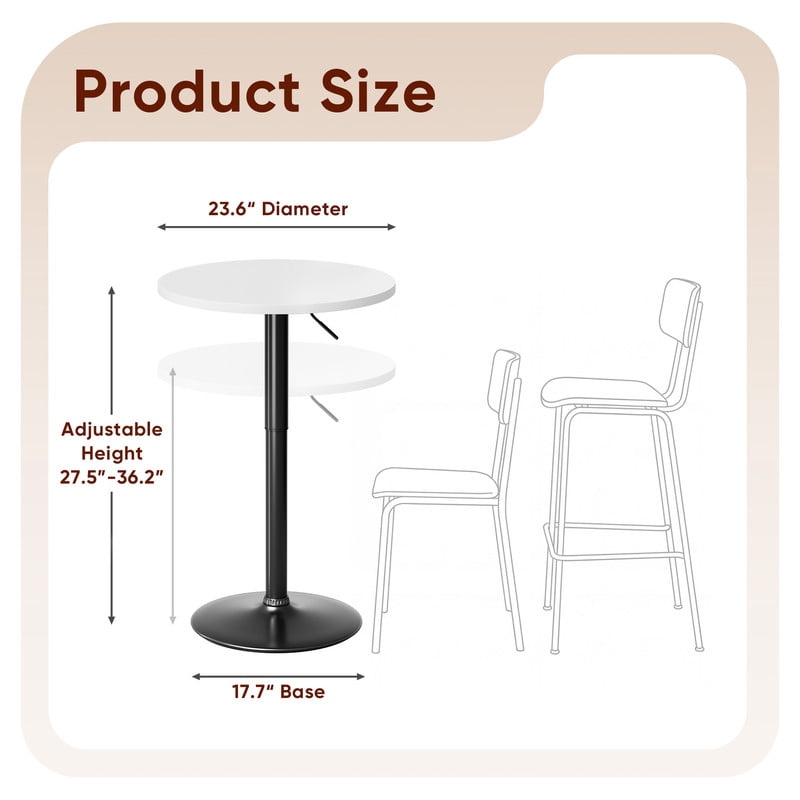 Lacoo 2 Pcs 23.6" Adjustable Round Bistro Pub Table, Swivel Pub Table with Metal Base for Home Bar, Kitchen, Dining Room, White/Black