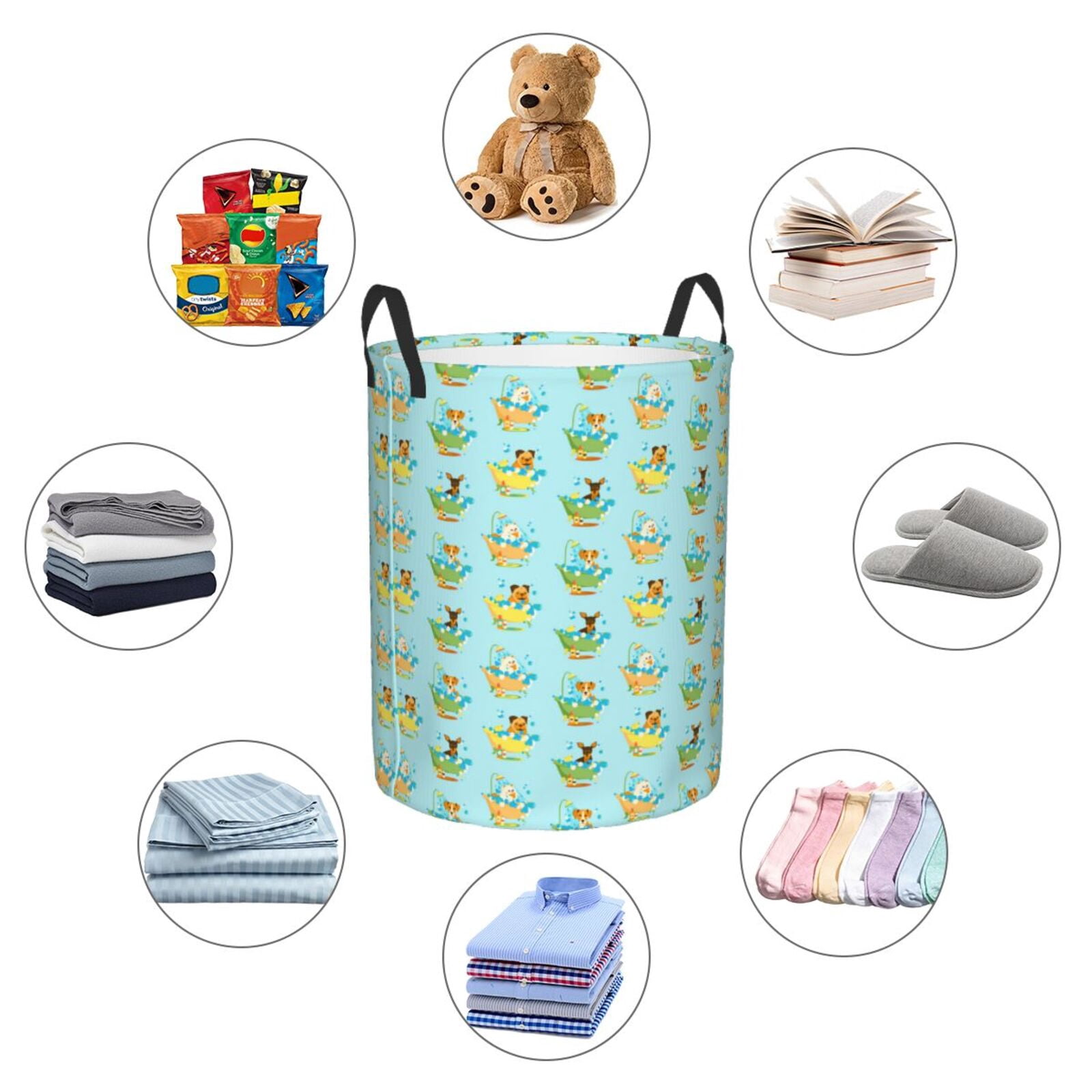 Gukieu Doggy In Bubble Bath Print Round Dirty Clothes Bag, Waterproof Standing Home Bathroom Storage Basket Car Trunk Storage Bag-Small