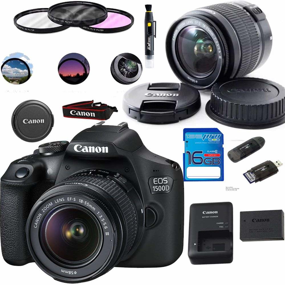 staking Koel Broer Canon EOS 1500D 24.1MP Digital SLR Camera (Black) with 18-55 IS II Lens +  16 GB Card + Pixi Basic Accessories Bundle Kit - Walmart.com