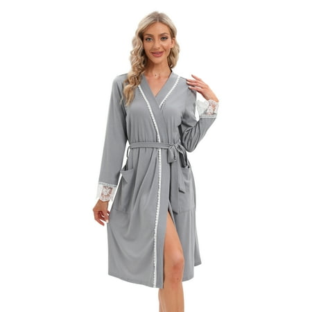 

Pretty Comy Womens Cotton Robes Lightweight Robes for Women Lace Sleeves Knit Bathrobe Soft Sleepwear Ladies Loungewear With Pocket