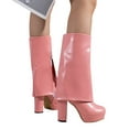 thumbnail image 2 of KIJBLAE Women's Boots Fold Over High Heel Ankle Boots Chunky Heel Boots PU Leather Winter Boots Pink 37, 2 of 9