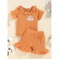 thumbnail image 2 of Toddler Girls Clothes Set Rainbow Pattern Short Sleeve Doll Neck Ribbed Tops Ruffled Elastic Waist Shorts Outfits, 2 of 9