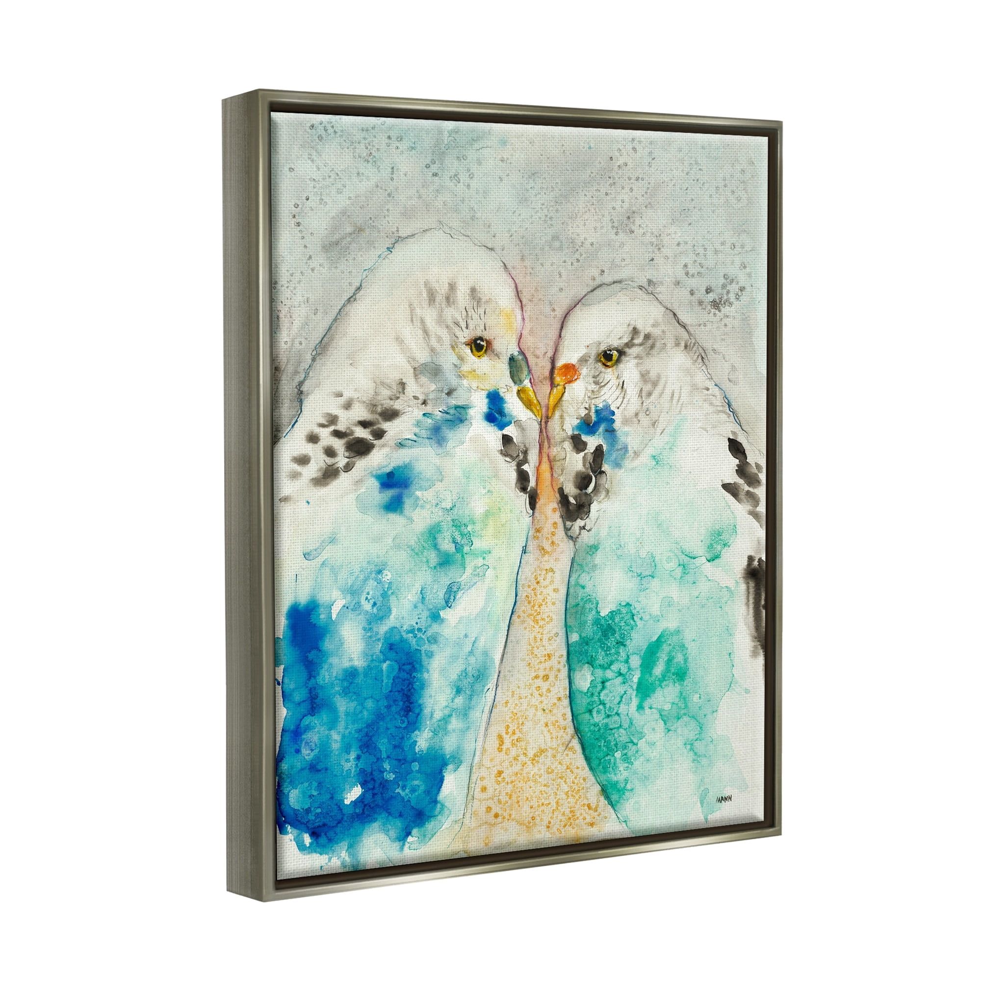 Stupell Industries Pair Blue Parakeets Birds Dotted Watercolor Detail Painting Luster Gray Floating Framed Canvas Print Wall Art, Design by Patti Mann