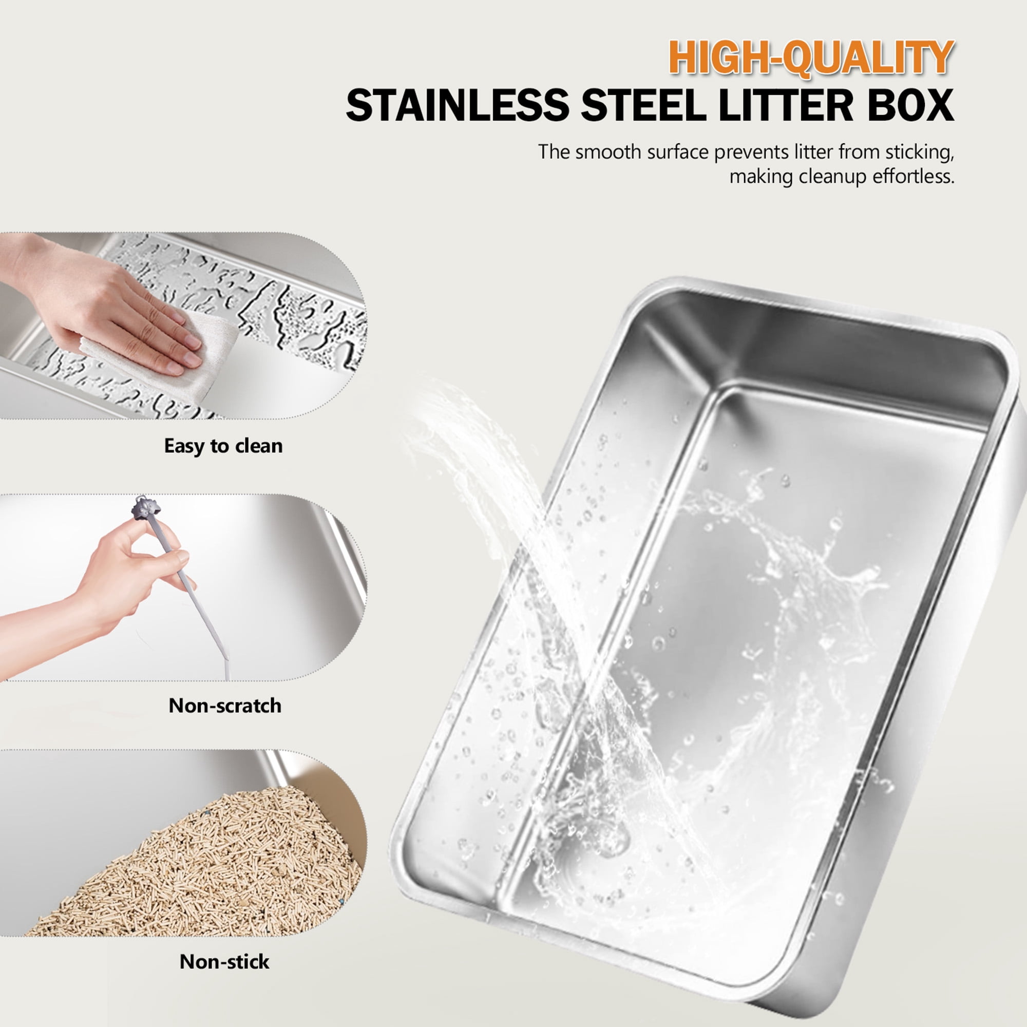 Furrbby Covered Cat Litter Boxes, Large High Side Stainless Litter Box Grey