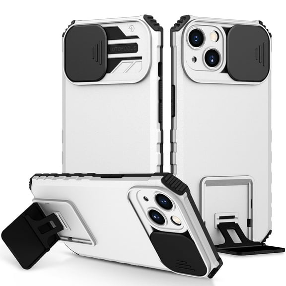iPhone 15 Case with Slide Camera Cover, Kickstand Rugged Military Grade Shockproof TPU Rubber Silicone Anti-Scratch Hard PC Back Phone Case Cover  Apple iPhone 15 5G 6.1 inch, White