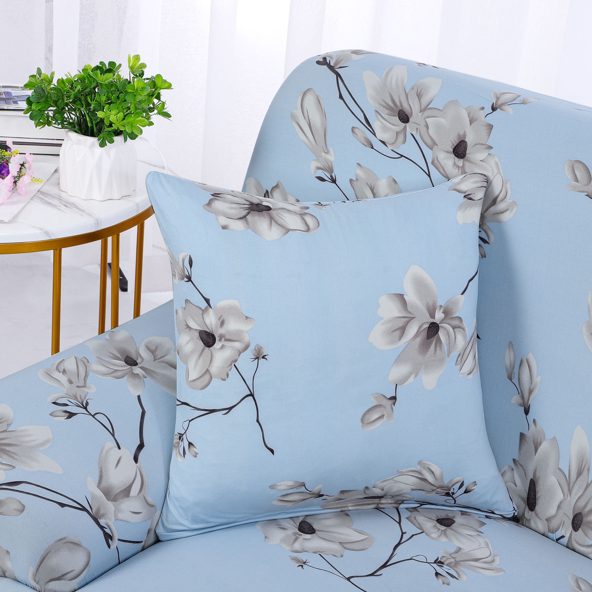 PiccoCasa 1 Seater Sofa Slipcover Spandex Floral Print Couch Cover, Small Sky Blue