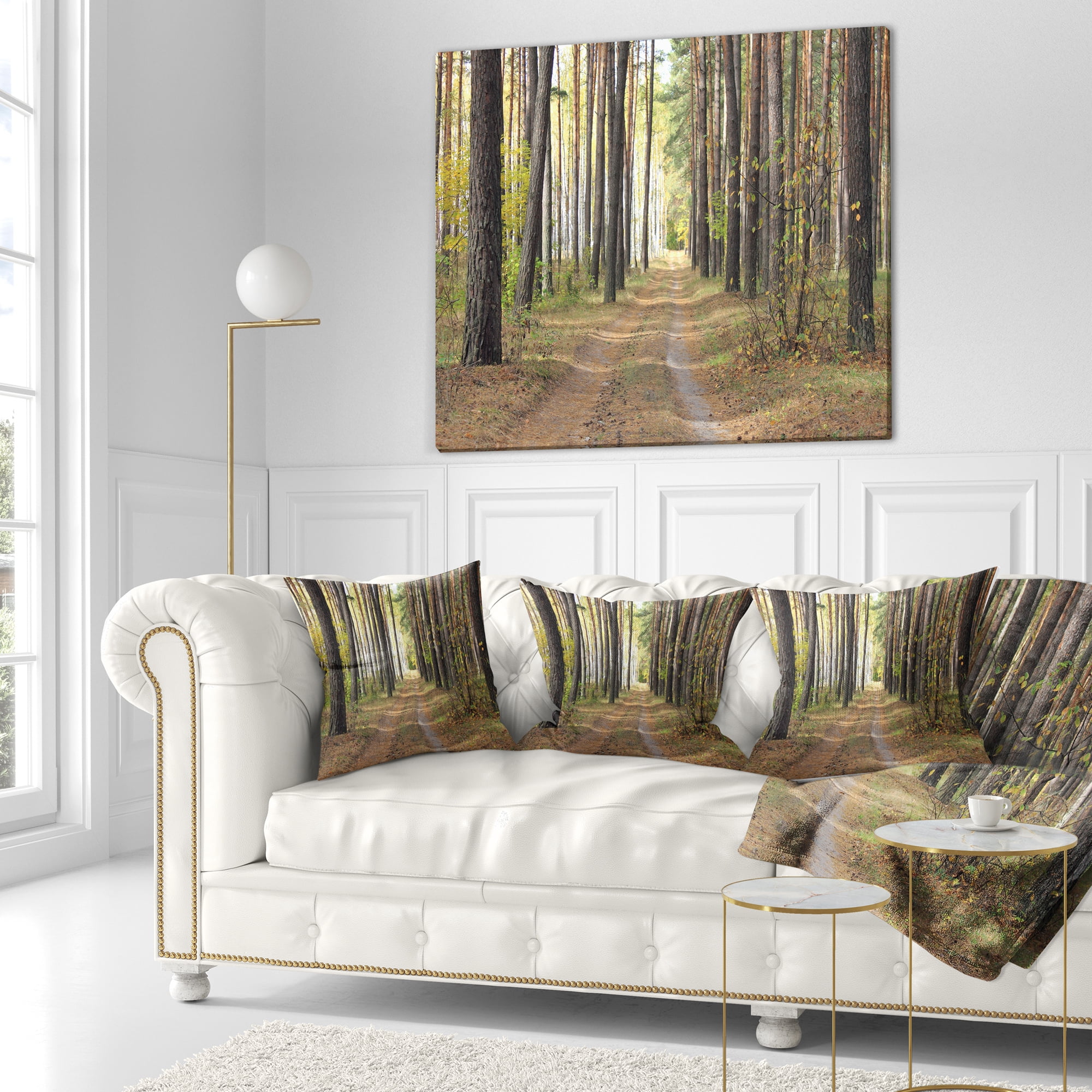 Designart Pathway in Autumn Pine Forest - Modern Forest Throw Pillow - 16x16