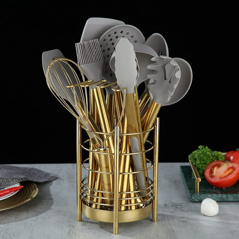 Reanea Gold 38 Pieces Silicone Kitchen Utensils Set with Sturdy Stainless Steel Utensil Holder, Silver
