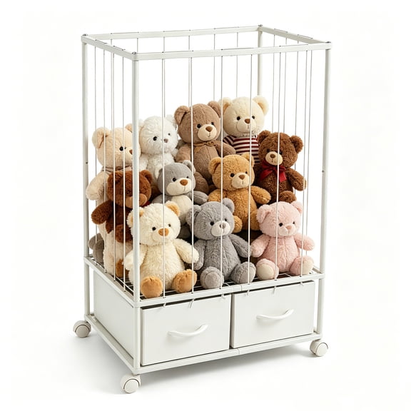 Stuffed Animal Storage, Metal Stuffed Animal Zoo with 2 Toy Chest and Wheels, Vertical Stuffed Animal Holder With Elastic Band