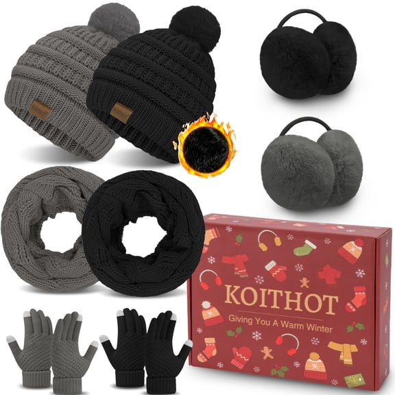 KOITHOT 8 Pcs Winter Beanie Hat Neck Warmer Ear Muffs Gloves Set with Gift Box for Women Black and Dark Gray