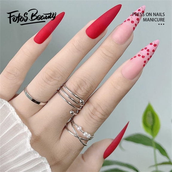 Fofosbeauty 24pcs Press on False Nails Tips, Stiletto Fake Nails, Matte Rose Red Cherries