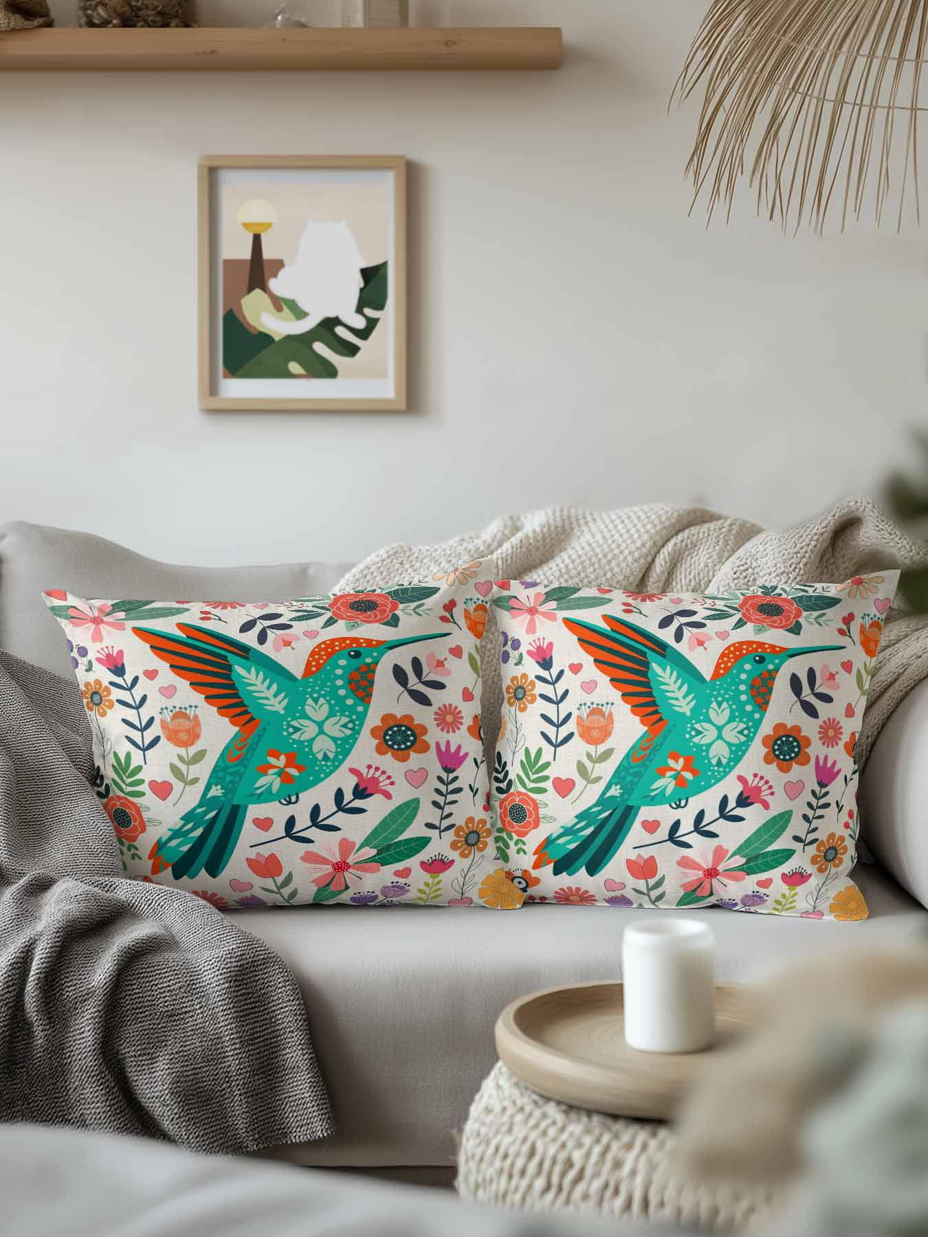 1 Pack Outdoor Pillows Waterproof, Turquoise Birds Indoor/Outdoor Throw Pillows with Inserts, Country Cartoon Colorful Flowers Herbs Decorative Pillow for Patio Furniture Chairs Couch