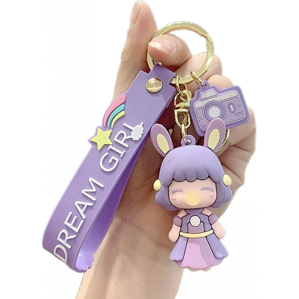 Llavero lindo de PVC para damas y niñas, regalo 3d para mochilas de mujer, llavero de metal colgante para decoración de llaves de autos, incluye una bolsa de regalo, púrpura Feliz Sencillez