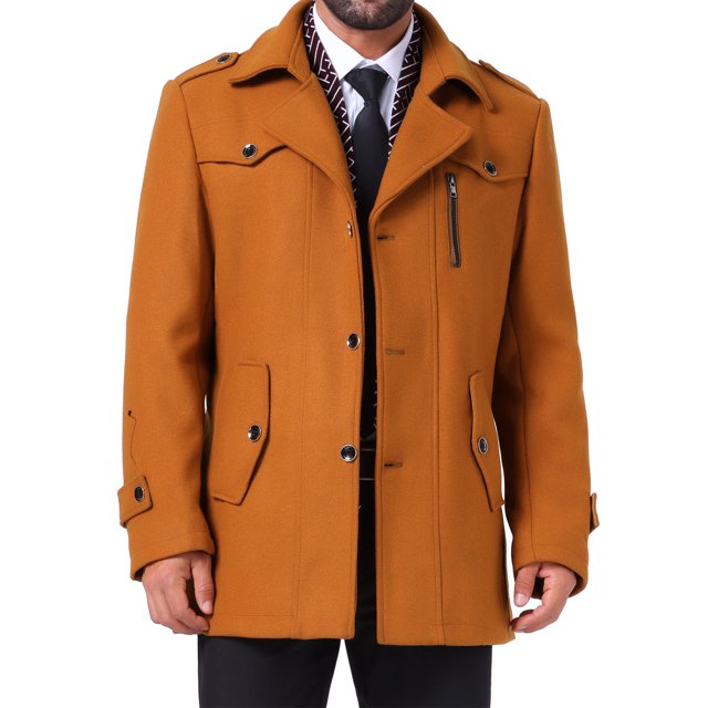 Abrigo de media longitud INSPIRE CHIC para hombre, abrigo de invierno con cremallera y un solo botón, abrigo de negocios con cuello de bufanda, talla XL, marrón caramelo